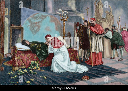 Leo X (1475-1521). Italienische Papst (1513-1521), namens Giovanni de Medici. Leo X in Raffaels Sterbebett. Kupferstich von R. Bong in der iberischen Abbildung, 1885. Farbige. Stockfoto