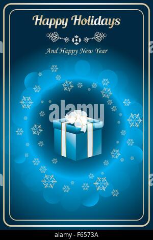 Frohe Feiertage-Karte mit Geschenkbox, goldenen Schneeflocken und Bläschen auf glänzenden tiefblauen Hintergrund - erhältlich als Vektor und als Jpg-Datei Stock Vektor