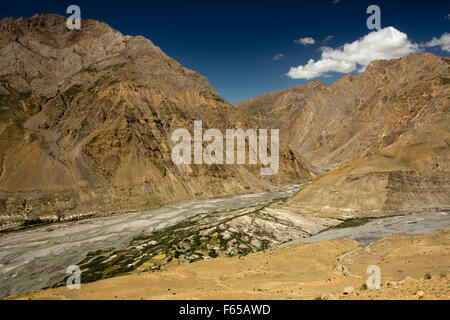 Indien, Himachal Pradesh, Spiti Tal, erhöhten Blick auf Famland bei Shushunag, Zusammenfluss von Pin und Spiti Rivers Stockfoto