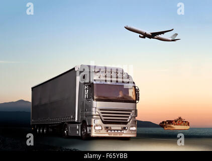 Transport per LKW, Schiff und Flugzeug Digital Composite (DC) Stockfoto