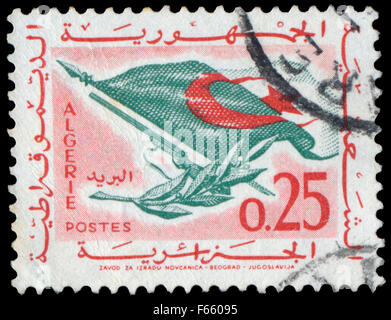 Algerien CIRCA 1963: Briefmarke gedruckt von Algerien, zeigt Flagge, Gewehr, Olivenzweig, ca. 1963 Stockfoto