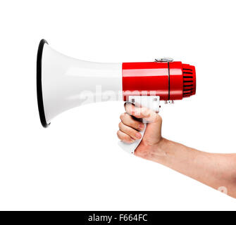 Mann mit einem weißen und roten Megaphon in der Hand. Stockfoto