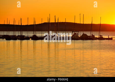 Steg und Segelboote, Sonnenuntergang, See Steinhuder, Steinhuder Meer, Niedersachsen, Deutschland Stockfoto