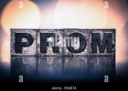 Das Wort "PROM" Vintage Tinte geschrieben gebeizt Buchdruck Typ. Stockfoto