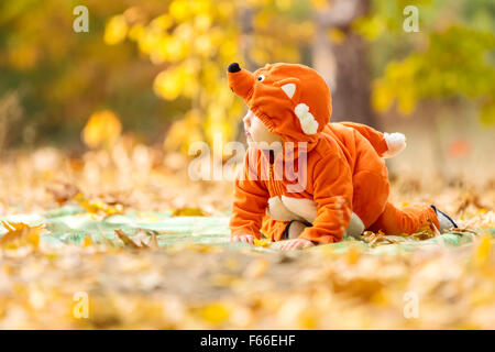 Niedliche Baby junge gekleidet in Fuchs Kostüm im Herbst park Stockfoto