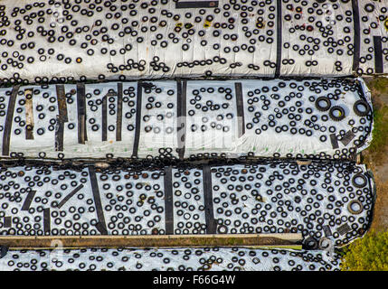 Silage-Abdeckung mit alten Autoreifen auf einer Farm in Eversberg, Meschede, Sauerland, Nordrhein-Westfalen, Deutschland, Europa, Antenne Stockfoto