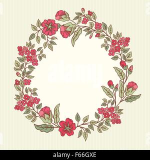Vector Vintage Grußkarte mit Doodle Blumen Bouquet und Rahmen für Text auf Retro-gestreiften Hintergrund Stock Vektor