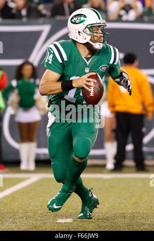 East Rutherford, New Jersey, USA. 12. November 2015. New York Jets quarterback Ryan Fitzpatrick (14) in Aktion während der NFL-Spiel zwischen den Miami Dolphins und die New York Jets MetLife Stadium in East Rutherford, New Jersey. Christopher Szagola/CSM/Alamy Live-Nachrichten Stockfoto