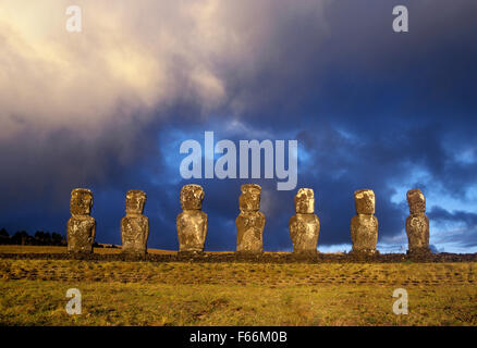 Osterinsel, Statuen des Ahu Akivi, die sieben Moai Stockfoto