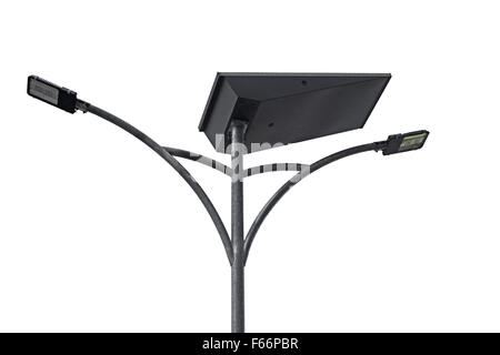 LED-Licht post mit Solarzellenplatte isoliert auf weißem Hintergrund Stockfoto
