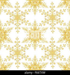 Festliche Musterdesign mit goldfarbenen Schneeflocken auf weißem Hintergrund Stock Vektor