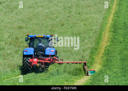 Mähen einer Wiese mit einem New Holland T7 Traktor mit Kvernland Front- und Seitenairbags Mähaufbereiter auf. Cumbria, UK. Stockfoto