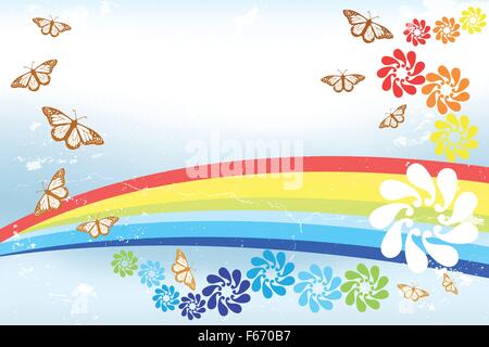 Abstrakt Frühlings Hintergrund mit Regenbogen, Schmetterlinge und Blumen Fantasy - Abbildung Stock Vektor