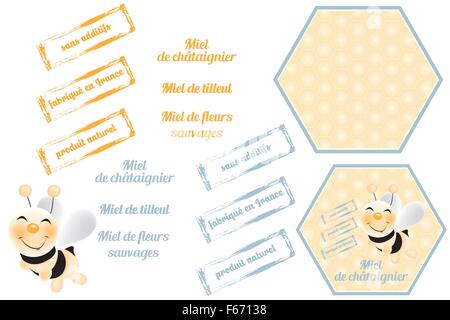 Bienen mit Waben und Label für die Verpackung in Französisch isoliert auf weiss Stock Vektor