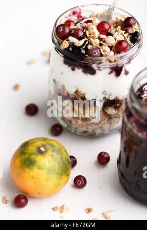 Cranberry Müsli Heidelbeer Konfitüre Parfait Frühstück.  Haferflocken-Snack mit Müsli, frische Beeren, Joghurt in einem Glas auf weißem woo Stockfoto