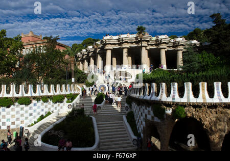 Parc Güell, Blick vom Eingang Torhaus, Antoni Gaudi, Barcelona Stockfoto