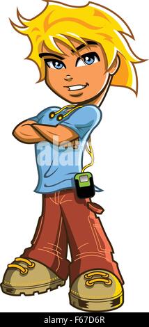 Schöne blonde junge mit blauen Augen stand mit verschränkten Armen und Kopfhörer und Musik-player Stock Vektor