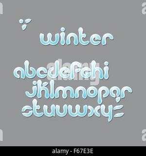 Wintersaison, Cartoon Stil Alphabet Buchstaben. Weihnachten, Schnee-Schriftart auf grauem Hintergrund isoliert. Vektor-festliche Text desig Stock Vektor