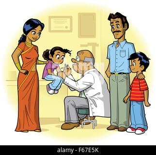 Indische Familie Besuch des Arztes Büro und Tochter bekommt einen Schuss Stock Vektor