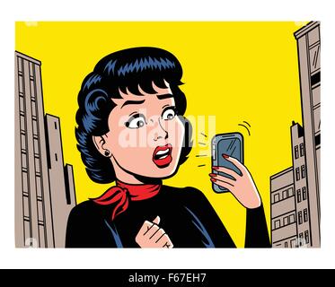 Ironisch satirische Illustration einer Retro-klassischen Comics-Frau mit einem modernen Smartphone Stock Vektor