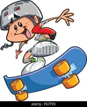 Glücklich Cartoon Skateboard Boy einen Helm zu tragen und dabei einen coolen Trick Stock Vektor