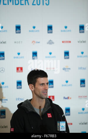 O2 Arena, London, UK. 15. November 2015. Barclays ATP World Tour Finals Tennis 2015 beginnt am Sonntag, den 15. November mit Novak Djokovic, Nummer eins der Welt, Teilnahme an Medientag die O2-Arena am Freitag, 13. November. Bildnachweis: Sportsimages/Alamy Live-Nachrichten Stockfoto