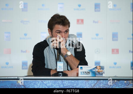 O2 Arena, London, UK. 15. November 2015. Barclays ATP World Tour Finals Tennis 2015 beginnt am Sonntag, den 15. November mit Stanislas Wawrinka am Medientag die O2-Arena am Freitag, 13. November teilnehmen. Bildnachweis: Sportsimages/Alamy Live-Nachrichten Stockfoto