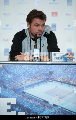 O2 Arena, London, UK. 15. November 2015. Barclays ATP World Tour Finals Tennis 2015 beginnt am Sonntag, den 15. November mit Stanislas Wawrinka am Medientag die O2-Arena am Freitag, 13. November teilnehmen. Bildnachweis: Sportsimages/Alamy Live-Nachrichten Stockfoto