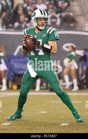 East Rutherford, New Jersey, USA. 12. November 2015. New York Jets Quarterback Ryan Fitzpatrick (14) fällt zurück, um während die NFL-Spiel zwischen den Buffalo Bills und die New York Jets MetLife Stadium in East Rutherford, New Jersey zu übergeben. Die Buffalo Bills gewann 22-17. Christopher Szagola/CSM/Alamy Live-Nachrichten Stockfoto