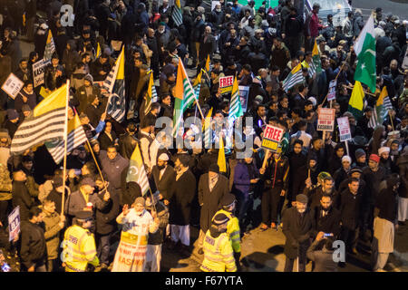 Wembley, London, UK. 13. November 2015. Inmitten hoher Sicherheitsmaßnahmen, Hunderte von Kashmiri Demonstranten außerhalb Wembley-Stadion nach einer Adresse zu mehr als 60.000 indische Auswanderer von Premierminister Narendra Modi bei einem "UK begrüßt Modi" Empfang. Modi, ein Hindu und seine Partei BJP werden eine Vielzahl von Menschenrechtsverletzungen gegen religiöse und ethnische Minderheiten in Indien vorgeworfen. Bild: Kashmiri Demonstranten Entlüftung ihre Wut als Modi Anhänger das Stadion verlassen. Bildnachweis: Paul Davey/Alamy Live-Nachrichten Stockfoto