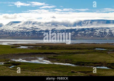 Blick vom Laufás Volkskundemuseum Eyjafjörður Nordisland Stockfoto