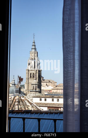 Toledo Spanien, Europa, Spanisch, Hispanic World Heritage Site, historisches Zentrum, Dächer, Glockenturm, Kirchturm, Primatenkathedrale der Heiligen Maria von Toledo, Catedra Stockfoto
