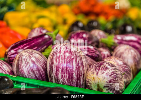 gestreifte Auberginen in green-Box zum Verkauf an der Gemüsetheke Stockfoto