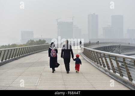 Taiyuan, China Shanxi Provinz. 14. November 2015. Bewohner Fuß auf einer Brücke in Taiyuan, Hauptstadt der Provinz Nord-China Shanxi, 14. November 2015. Ein Nebel hat in Nord-China für mehrere Tage verweilte. © Zhan Yan/Xinhua/Alamy Live-Nachrichten Stockfoto