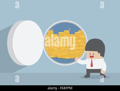 Geschäftsmann und geöffneter Tresortür mit Goldmünzen, Vektor, EPS10 Stock Vektor