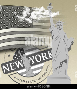 Reise-Werbung mit New York und die Freiheitsstatue im alten Stil Stockfoto