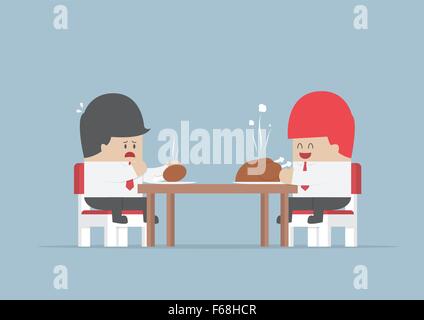 Zwei Geschäftsleute, die mit großen und kleinen Stück Huhn, Markt am Esstisch sitzen teilen Konzept, Vektor, EPS10 Stock Vektor