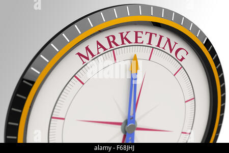 Kompass und ein Pfeil auf das Wort marketing Stockfoto