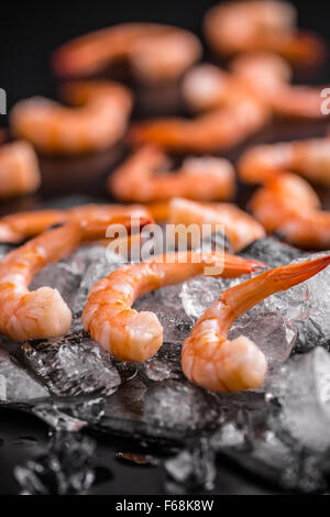 Nahaufnahme von Garnelen auf Eis Stockfoto