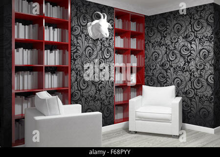 Zimmer mit zwei Sesseln und Bücherregal zu studieren Stockfoto