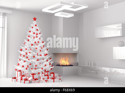 Weißer Weihnachtsbaum und Geschenke im Wohnzimmer 3D-Rendering Stockfoto