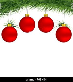 Rote Weihnachtskugeln auf Tannenzweig Stock Vektor