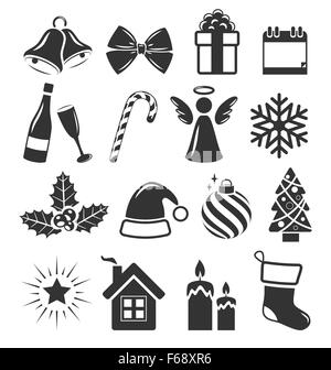 Satz von Weihnachten Urlaub Symbole Piktogramme flach schwarz isoliert o Stock Vektor