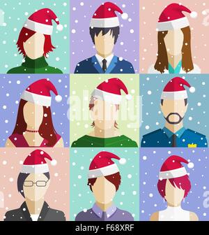 Satz von Weihnachten Menschen steht im Hut in Schneefall flache Symbole Stock Vektor