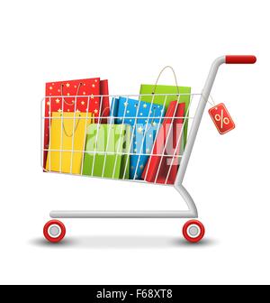 Verkauf bunte Warenkorb mit Taschen, Isolated on White Stock Vektor