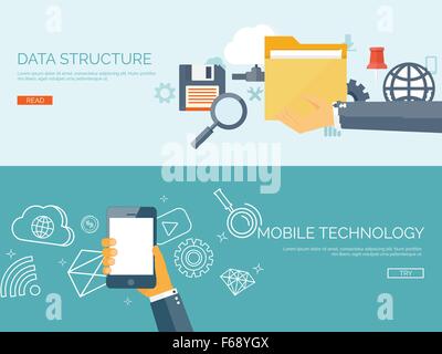 Vektor-Illustration. Flache Hintergründe festgelegt. Daten zu übertragen. Cloud-computing, mobile Technologie. Internet, Netzwerk. Stock Vektor