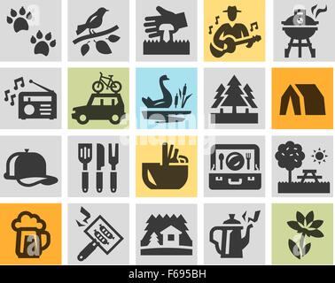 Camping Set schwarze Symbole. Zeichen und Symbole Stock Vektor