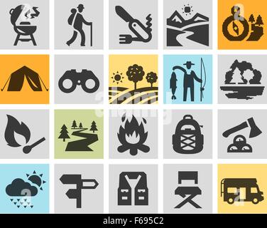 Wandern schwarze Symbole festgelegt. Reise, Tour oder Expedition, Wandern, camping, Zeichen und Symbole Stock Vektor