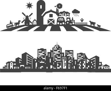 Hof und Stadt Vektor-Logo Design-Vorlage. Gartenarbeit, Gartenbau oder Immobilien, Bauwesen, Symbole Stock Vektor