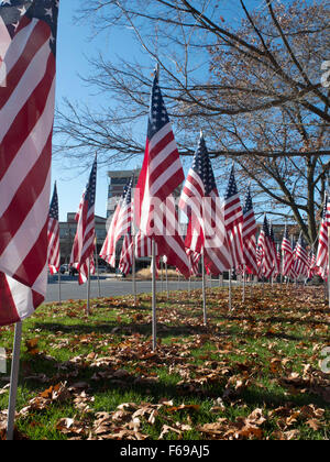 Reihen von Flaggen zu ehren uns Veteranen stehen auf dem Display an Park Square in Pittsfield, Massachusetts. Stockfoto